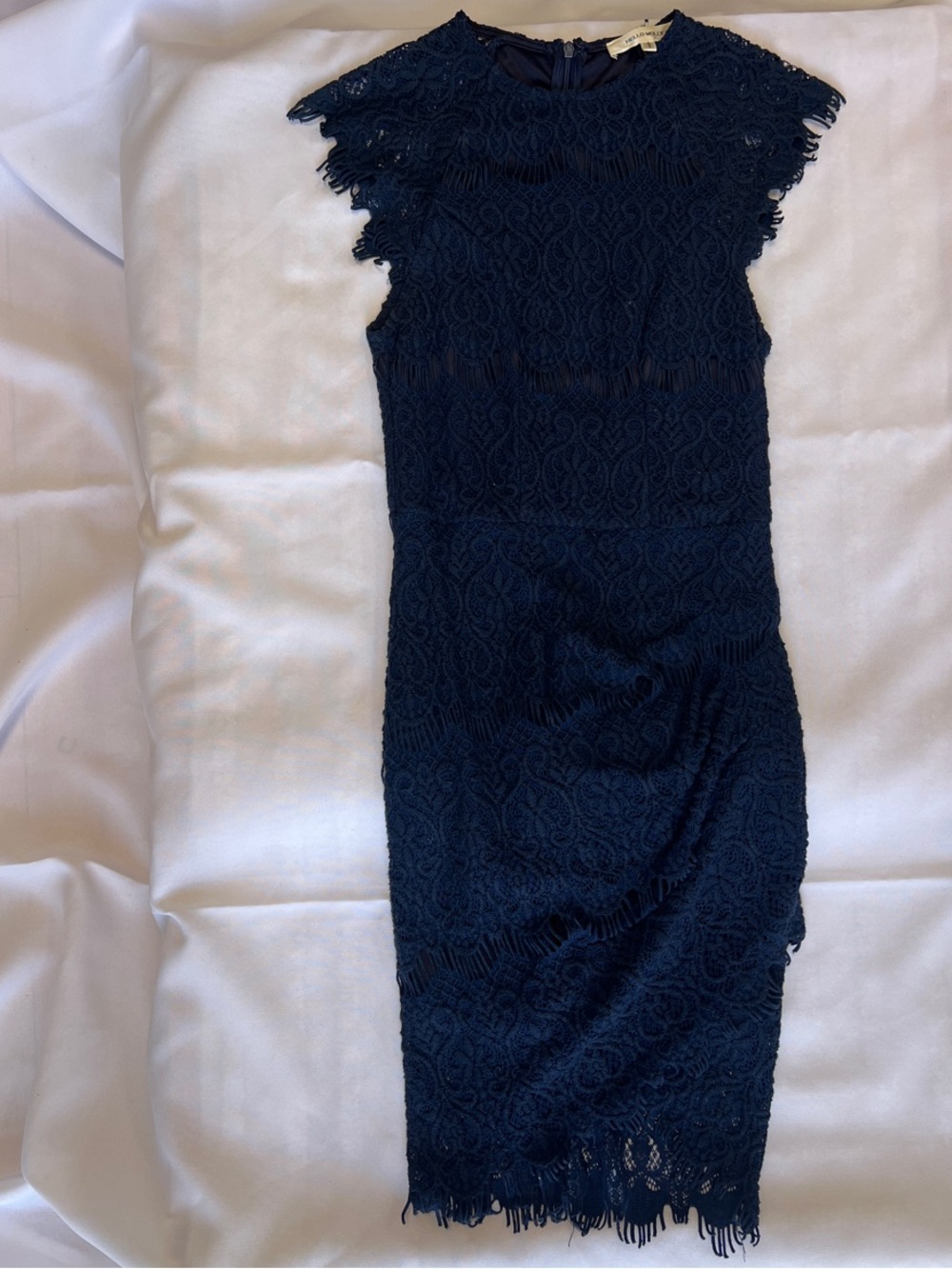 Hello Molly Navy Lace Midi Dress with Fringe Trim